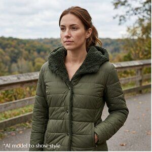 S GUESS Dark Olive Green Lightweight Puffer Jacket with Sherpa/Faux Fur Trim